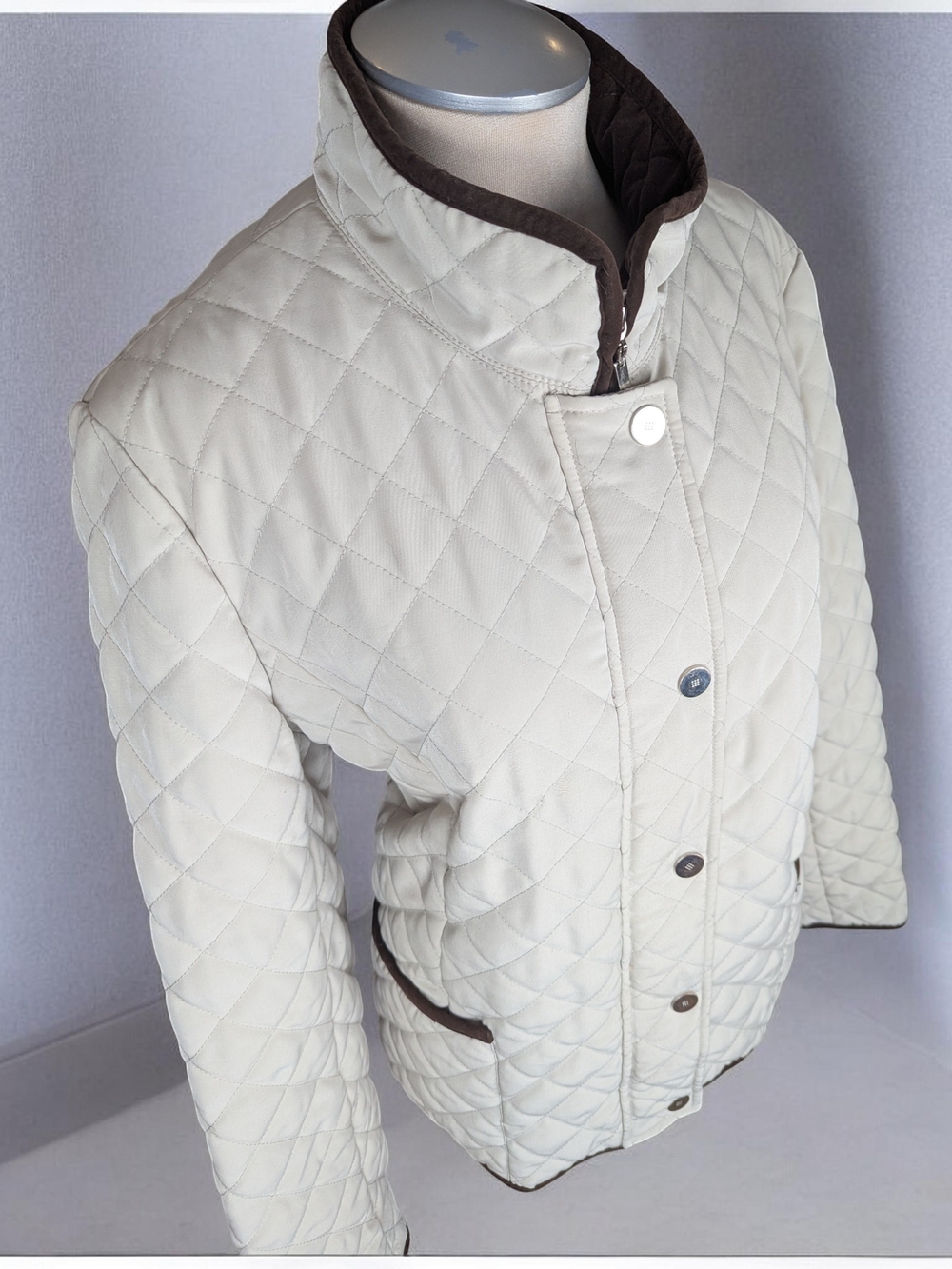 George Cream Cottagecore Quilted Puffer Jacket with Brown Faux Suede Trim